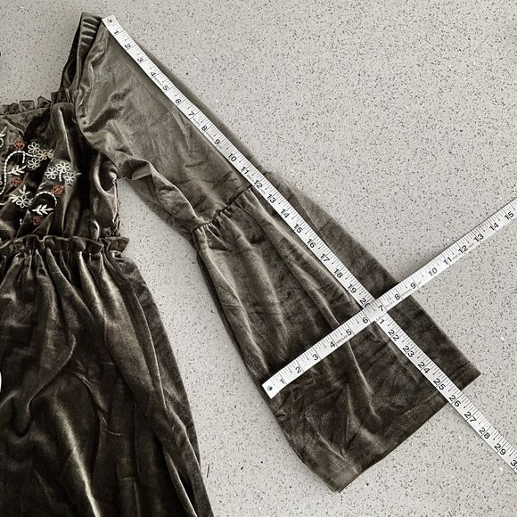 Miss Me Dress Olive Green Velvet Embroidered Bodice Bell Sleeve Mini S - Picture 7 of 12